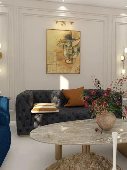 A decor tip for adding color: use wall paintings and furnishings. In this room, the vibrant flowers and abstract art pop against the neutral backdrop of the grey sofa and marble tables.