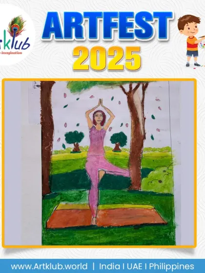 This junior artist chose yoga as their favourite sport, creating a peaceful scene of a person in a tree pose surrounded by nature.