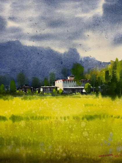 A watercolor landscape of lush green fields against distant mountains under a dramatic, cloudy sky. This piece explores atmospheric perspective.