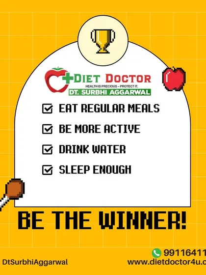 Be the winner in your health journey by following these four simple rules. Eating regular meals, being more active, drinking water, and getting enough sleep are your keys to victory.