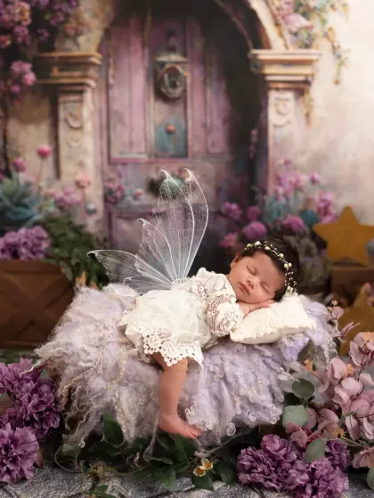 A full view of the fairy setup, with digital wings added to the sleeping newborn for a touch of magic. The purple flowers and fantasy door create a dreamy world.