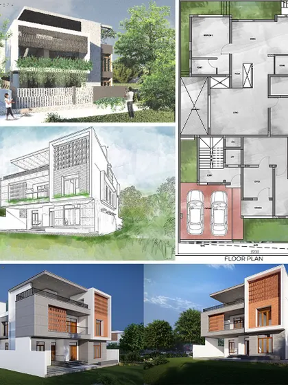 This board shows the design development process for a residence in Bangalore. It includes a floor plan, conceptual sketches, and different 3D-rendered options, giving the client a comprehensive view of the design's evolution.