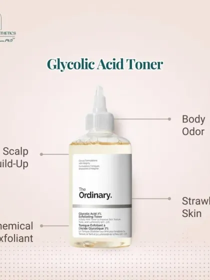 A Glycolic Acid toner is another hero product. It acts as a chemical exfoliant, helps with body odor and strawberry skin, and even reduces scalp build-up.