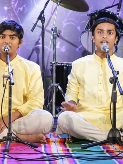 Students Hari Kishan K and Ramanujam D K singing together during their performance at Kalaa Sangama.