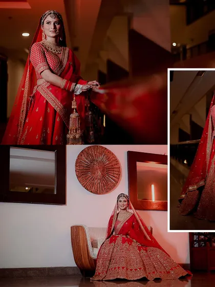 A collage of bridal portraits, capturing Aashi in different poses and settings on her wedding day.