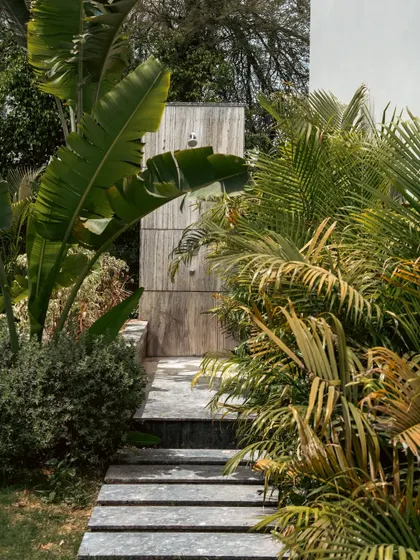 A simple stone pathway at Rosewood Farmhouse meanders through a dense planting of tropical foliage. We use hardscape elements like these to create structure and guide movement, while the lush greenery provides a sense of being immersed in nature.