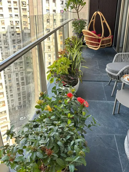 A long-shot of a balcony garden filled with a mix of flowering bushes and leafy plants, with modern outdoor furniture for enjoying the view.