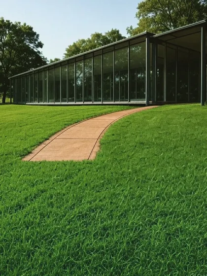 A long, minimalist glass pavilion set in an open field. The structure's transparency allows it to blend into the landscape, with a simple curved path leading to its entrance.