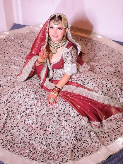 Another shot of my bridal look, showcasing the beautiful spread of the lehenga. As a makeup artist, creating my own dream bridal look was a special experience.