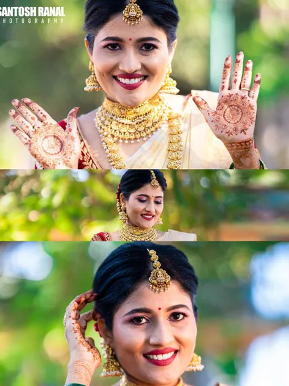 A collage of a radiant South Indian bride showing off her intricate henna design and beautiful smile.