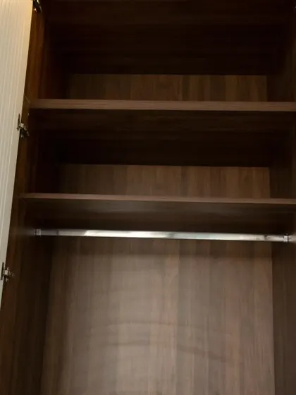 Even our standard interiors are built to last. This view shows a clean wardrobe interior with a hanging rod and shelves, finished in a durable, premium wood-grain laminate.