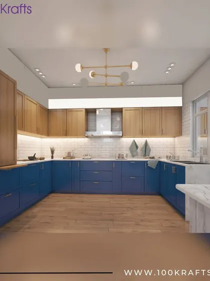A kitchen from our 'Bohemian Fusion' concept. Bold blue lower cabinets are paired with natural wood upper cabinets and a white subway tile backsplash, creating a fresh and eclectic look.