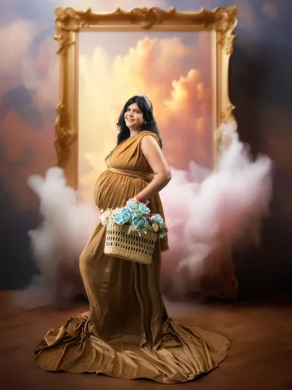 A touch of fantasy, a moment of reality. This ethereal shot blends the dreamy with the tangible, with a golden-hued sunrise and a basket of flowers.
