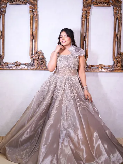 Another full-length shot of the grey satin gown, showing its elegant and sophisticated design.