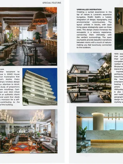 Another page from our special feature in Architectural Digest India. This spread showcases the diversity of our work, from the classical modernism of SOHO House Mumbai to the serene landscape of a Lonavala bungalow.