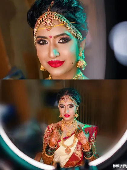 A diptych of the bride posing with a ring light, capturing her stunning makeup and confident smile.