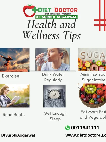 This infographic provides a quick summary of essential health and wellness tips, including exercise, hydration, minimizing sugar, getting enough sleep, and eating more fruits and vegetables.