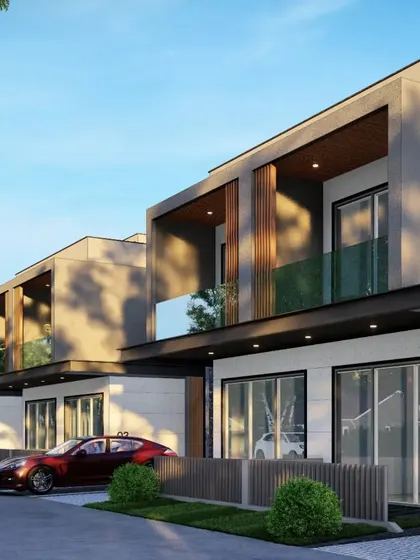 A render of the row houses designed for the 'Westend' community. The design maintains a consistent modern aesthetic across all units while allowing for individual character.