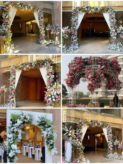 A collage showcasing a variety of our floral entrance gate decorations, from classic and elegant to grand and opulent designs.