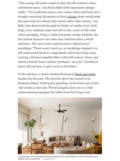 For a young couple's first home in Mumbai, they wanted soft tones of cream and white. We used Parisian-style paneling and subtle vintage details to add warmth and character, creating a space that feels calm and peaceful, a true oasis in the city.