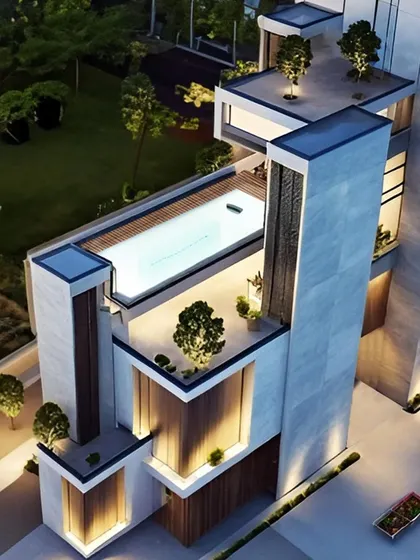 An aerial view of a residential concept with a rooftop pool and intricate massing.