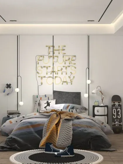 A cool bedroom for a teen, featuring a neon light sign and a skateboard as decor. The custom desk and shelving provide a functional area for study and hobbies.