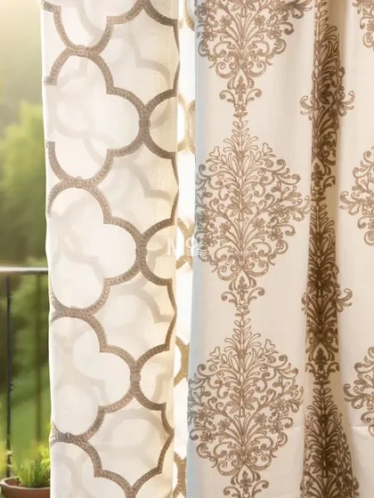 Our neutral linen fabrics, featuring exquisite satin embroidery in geometric and damask patterns. These curtains weave elegance into every fold, transforming your home into a serene sanctuary.