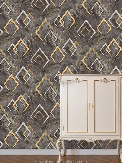 A bedroom mockup with a dark grey wallpaper featuring floating diamond shapes in gold and silver.