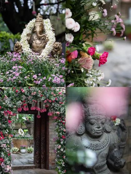 A collection of decor details from the naming ceremony, including a Ganesha idol, a floral archway, and stone statues from the venue. We blend our decor seamlessly with the venue's existing charm.