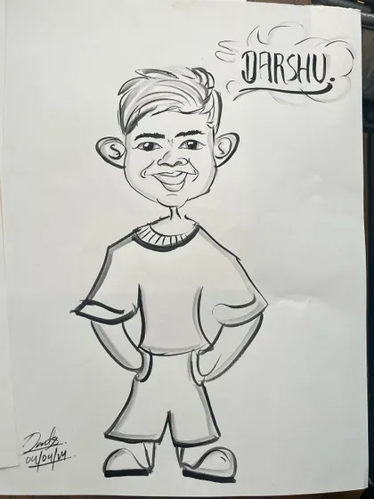 A full-body sketch of a young boy, capturing a cool and casual stance.