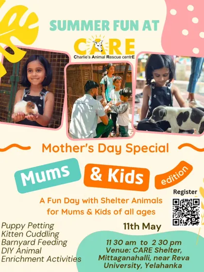 The official poster for our Mother's Day "Mums & Kids" edition of Summer Fun at CARE. The day included a variety of activities like kitten cuddling and DIY animal enrichment.