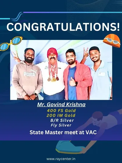 Celebrating Mr. Govind Krishna's incredible sweep at the State Master meet. Winning gold in the 400m Freestyle and 200m IM shows that competitive success has no age limit.
