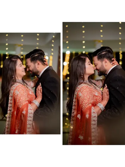 A two-photo sequence of the couple sharing a loving look and then a gentle kiss during their reception.