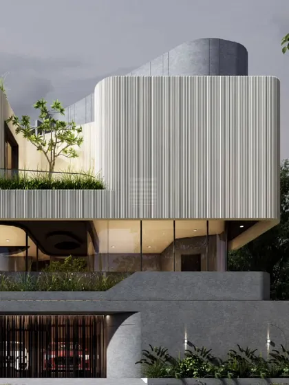This facade design explores the beauty of curved forms and rhythmic articulation. Horizontal slats wrap around the building's volume, providing passive shading while creating a unique architectural identity grounded in raw concrete.
