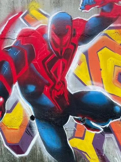 Bringing Spider-Man 2099 to a wall. The dynamic pose and vibrant colors were inspired by the 'Across The Spider-Verse' movie. This is the kind of action-packed art I love to create.