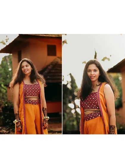 A collage of a bride's portraits from her Haldi ceremony, showing her in a beautiful orange and red outfit.