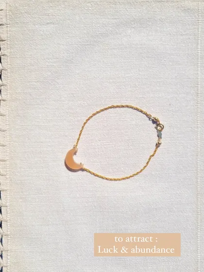 Another view of the Peach Moonstone Luna bracelet, a stone for peace, calm, and good fortune in love.