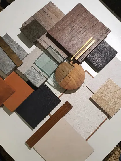A mood board from a recent client meeting for a retail project in Kalaghoda. Discussing the physical materials alongside renders is our favorite way to walk clients through our vision.