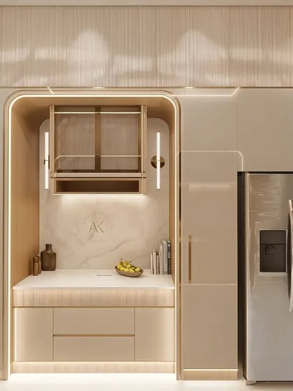 This kitchen is designed to be the heart of the home, balancing understated luxury with everyday function. I focused on a palette of muted beige tones and soft, integrated lighting to highlight the clean lines and curved forms. The design features handleless drawers for a seamless look, fluted glass shutters paired with brushed brass for a touch of texture, and a striking marble-look backsplash that serves as a piece of art.