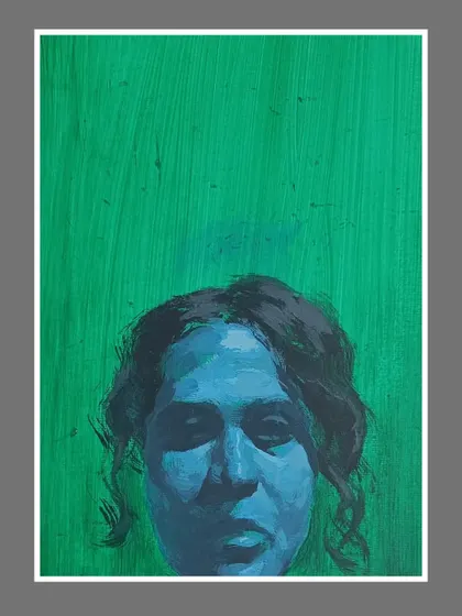 An experimental portrait using a monochrome blue palette against a flat green background, part of my "Portraits of Sentiment" series.