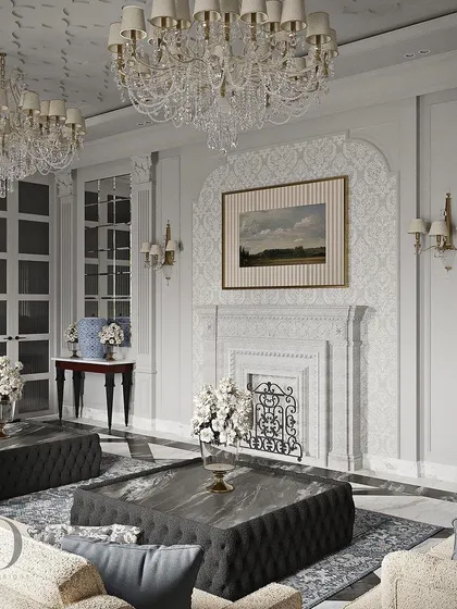This living room is a masterwork that melds heritage with a contemporary spirit. The design features a striking black and white theme, with a marble fireplace, tufted ottomans, and intricate ceiling details creating a sanctuary of elegance.