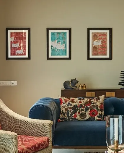 A set of five Pichwai prints commissioned for an interior design project. This collection highlights the Nandi in its purest form against earthy tones and jharokha-inspired backdrops, blending rich Hindustani heritage with contemporary design.