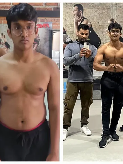 Another angle of this client's impressive muscle gain, with his trainer present. This highlights the personal guidance and partnership that is key to our training philosophy.