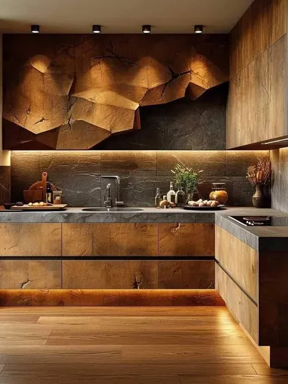 A rustic-industrial kitchen design with a dramatic, textured stone accent wall. The wood cabinets and flooring, combined with integrated lighting, create a warm and moody ambiance.