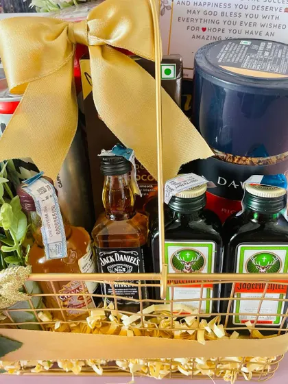 A close-up of the miniature Jack Daniel's and Jägermeister bottles, showing the premium options we can include in our custom hampers.