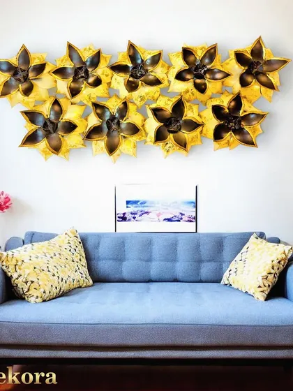 This flower wall decor art adds a vibrant and artistic touch above the sofa.