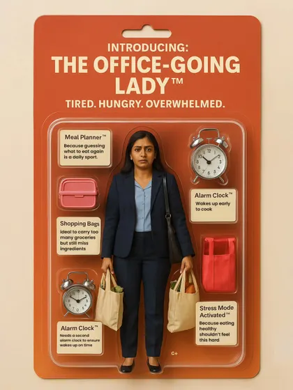 Introducing: The Office-Going Lady action figure. Tired, hungry, overwhelmed. Stress mode activated? Not on our watch! We take the hard work out of eating healthy.