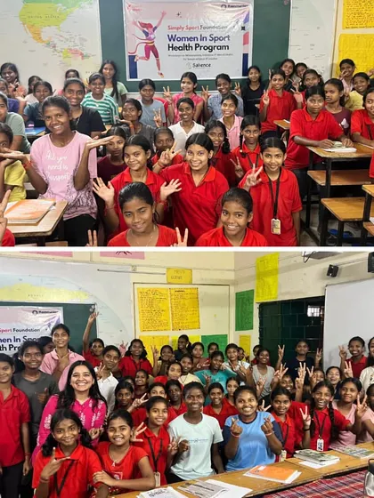 Smiles and victory signs from the participants of our Women in Sport Health Program in Jharkhand. These workshops create a safe, empowering space for girls to learn about their bodies and build the strength to thrive in sport and life.