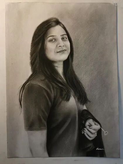 A finished portrait of a woman, showcasing soft shading and background texture.