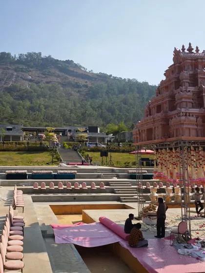 The poolside ceremony area at the Nandi Hills wedding, ready for the festivities to begin.